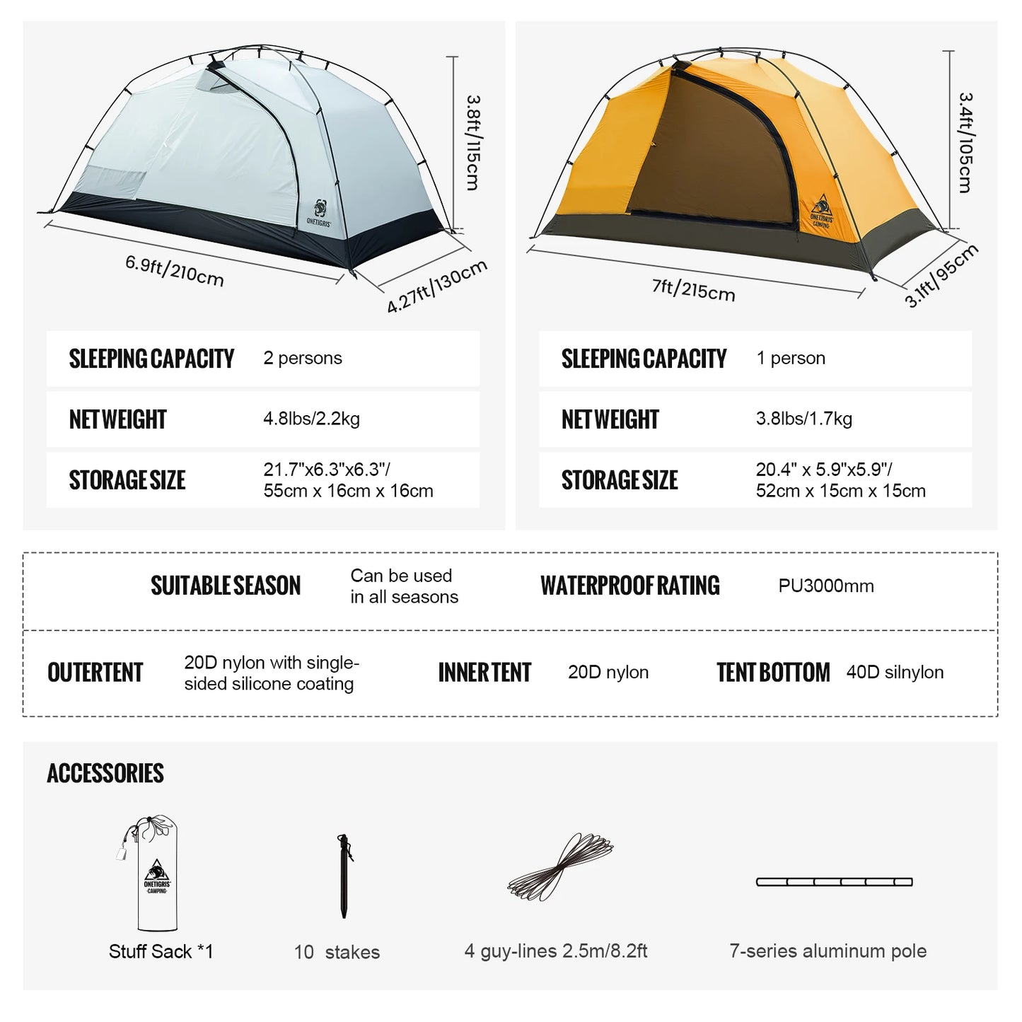 OneTigris Stella Camping Tent 4 Season 2 Person Lightweight Waterproof