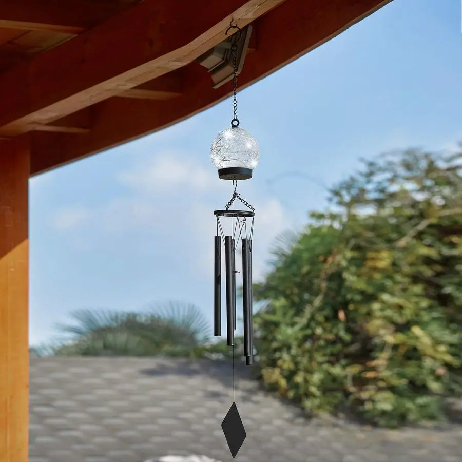 Outdoor Solar Wind Chimes With Crackled Glass Ball And Warm White LEDs