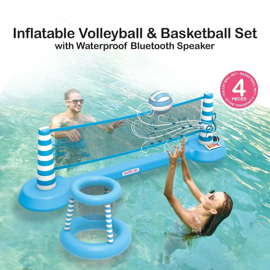Inflatable Pool Float Set With Bluetooth Speaker Volleyball And Basketball