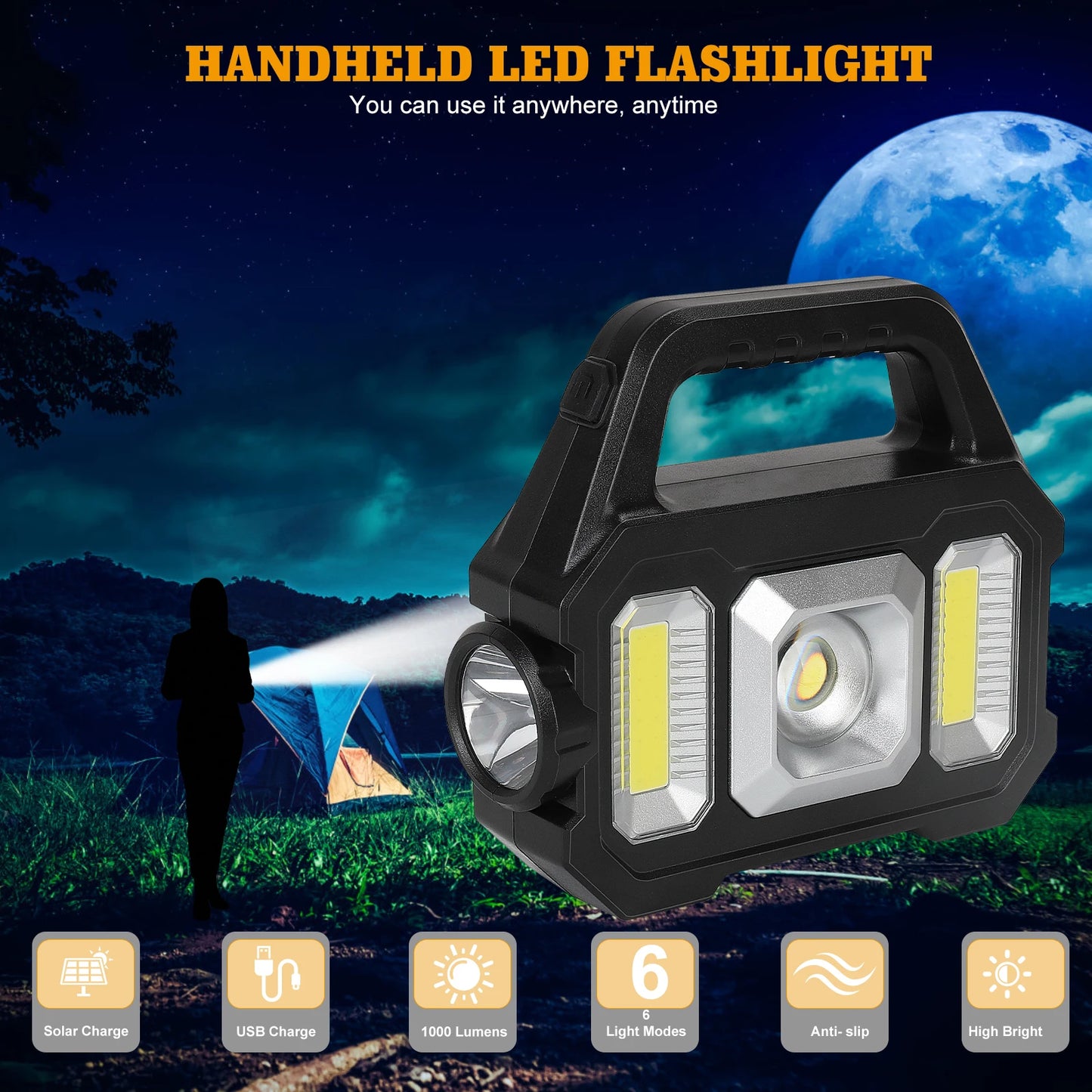 From NONE, this 2000 lumen solar powered LED flashlight gives you dependable, bright illumination for your camping, emergencies, and outdoor work.