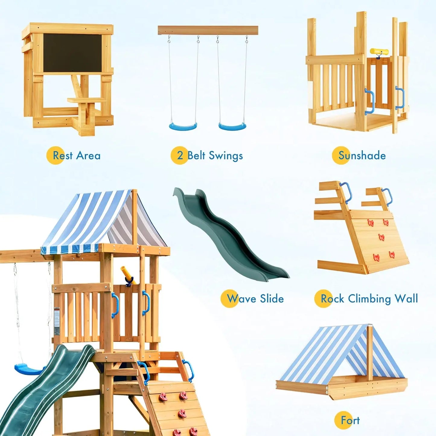 Rolife Wooden Swing Set With Dual Swings Slide Climbing Wall Chalkboard Fort
