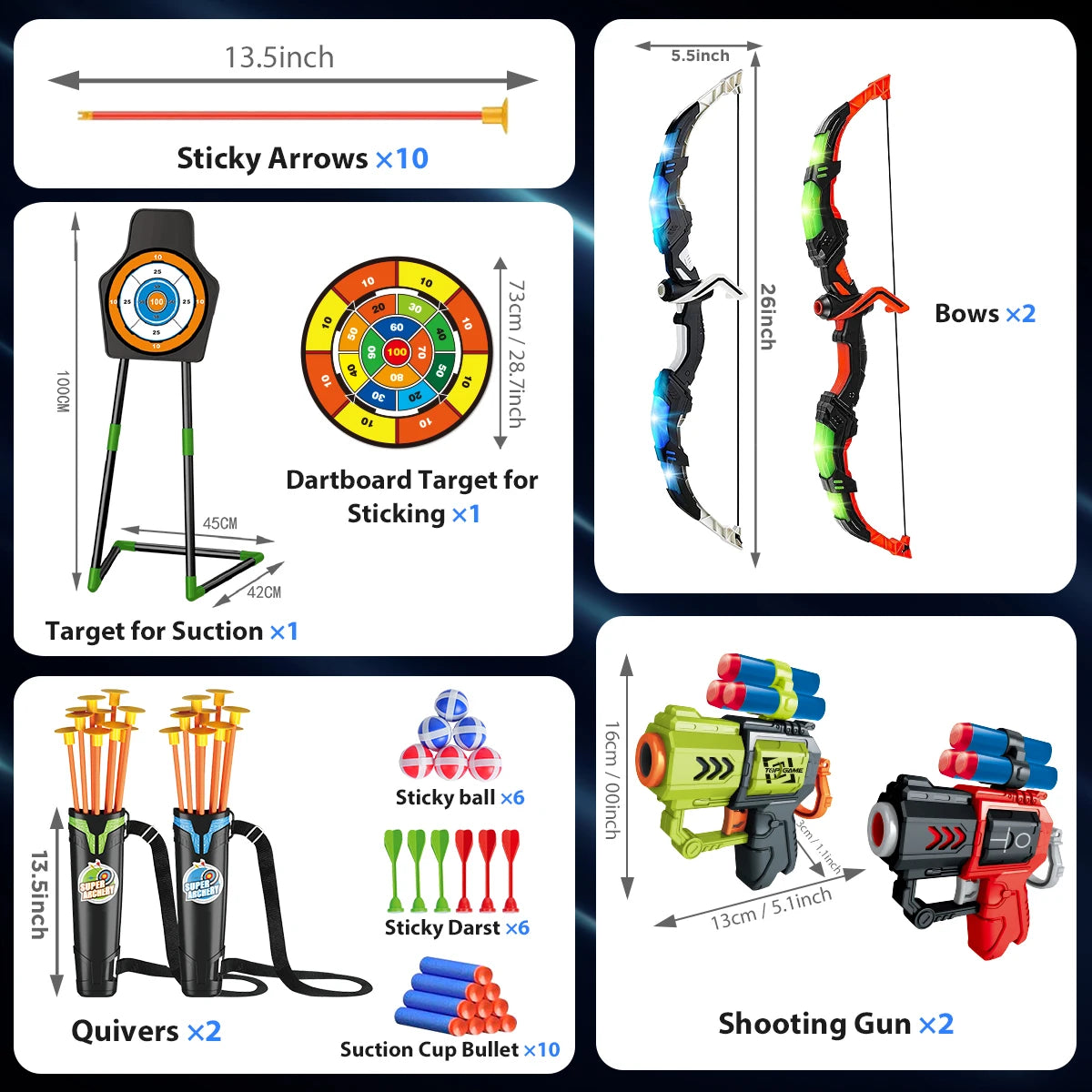 VATOS 2X Bow Arrow Toy Set With Night Light Archery Target Indoor For Kids