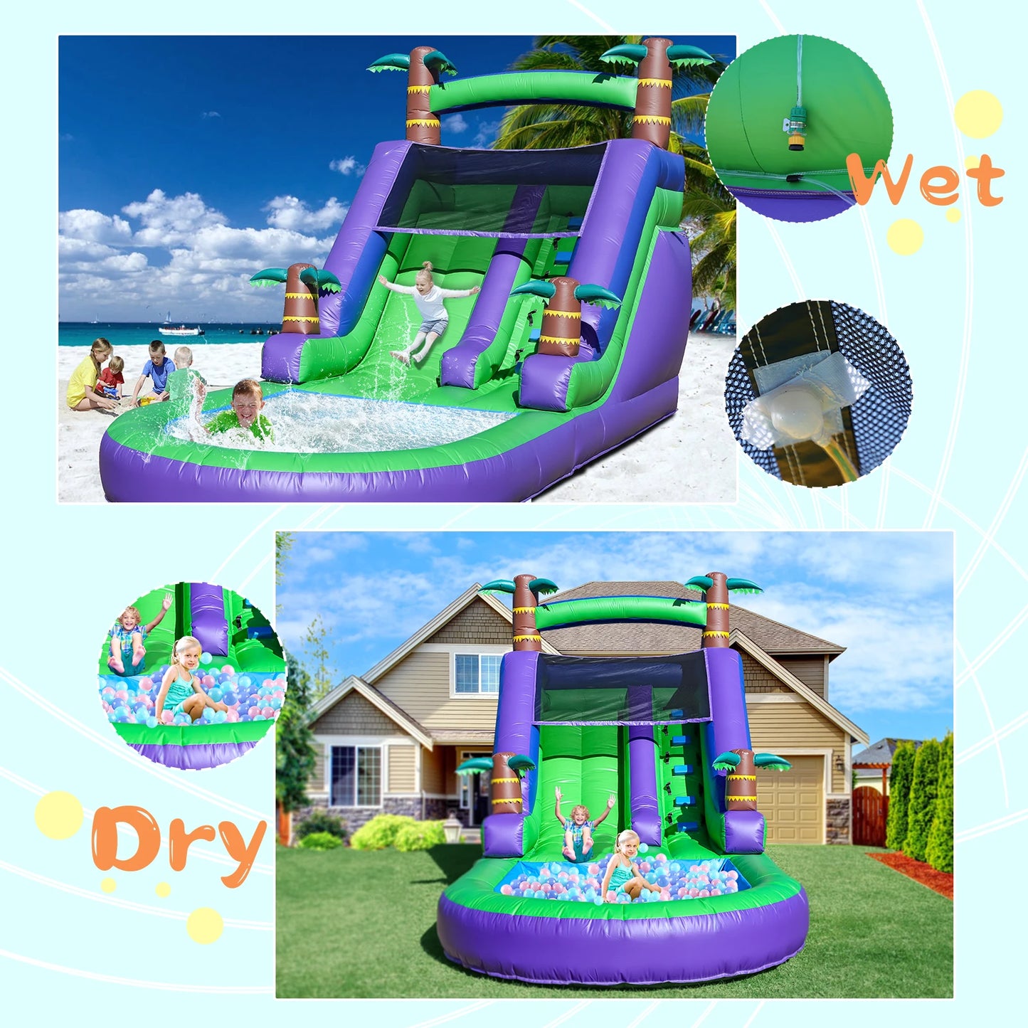 Make your party a splash with the RTS inflatable Giant Tropical Water Slide, a durable, all-in-one bounce house that blends a high-flying slide, bouncy play area, and bright tropical graphics into one family-friendly outdoor adventure.