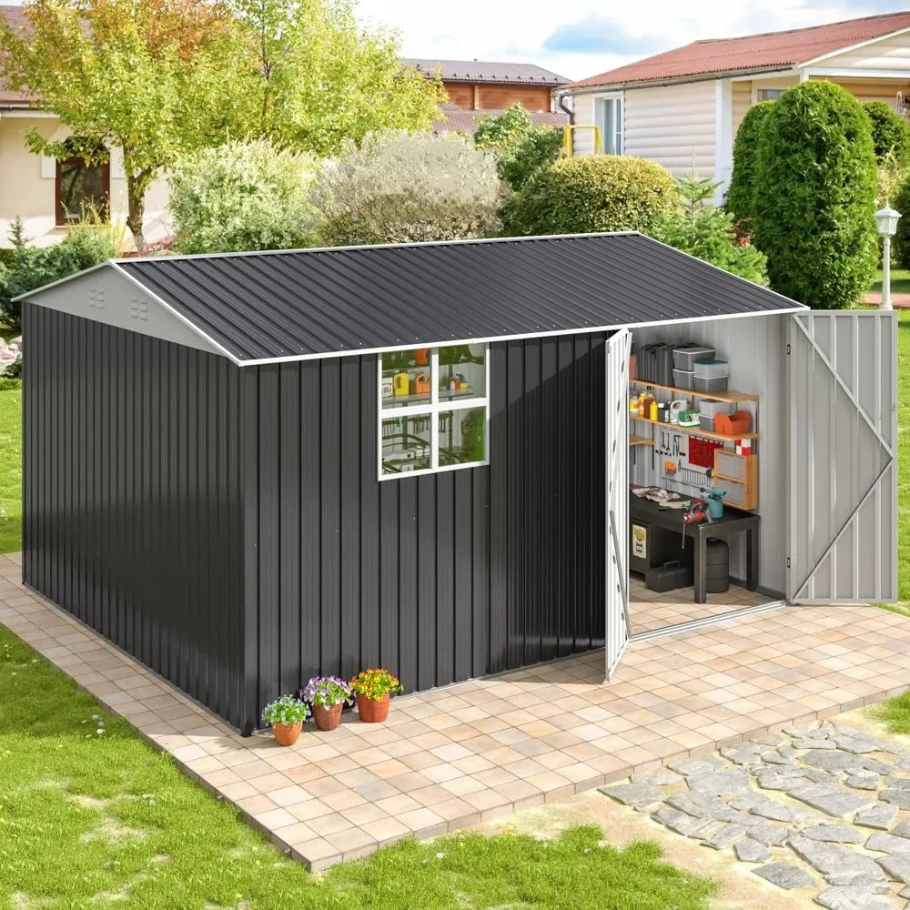10x12 Ft Outdoor Storage Shed Metal Garden Shed With Lockable Doors