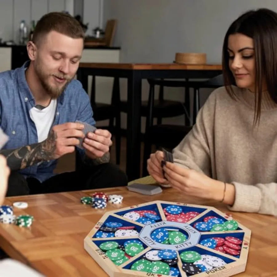 XMSJ Wooden Michigan Rummy Board Game Deluxe Tripoley Set With Michigan Rummy Board 2 Pokers 100 Chips And Game Manual