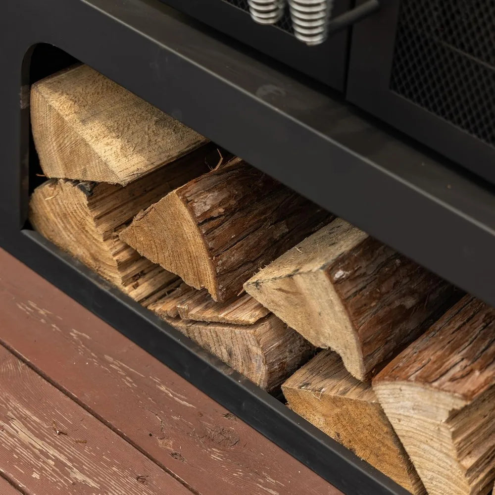 70 Inch Outdoor Rectangular Steel Wood Burning Fireplace With Side Tables