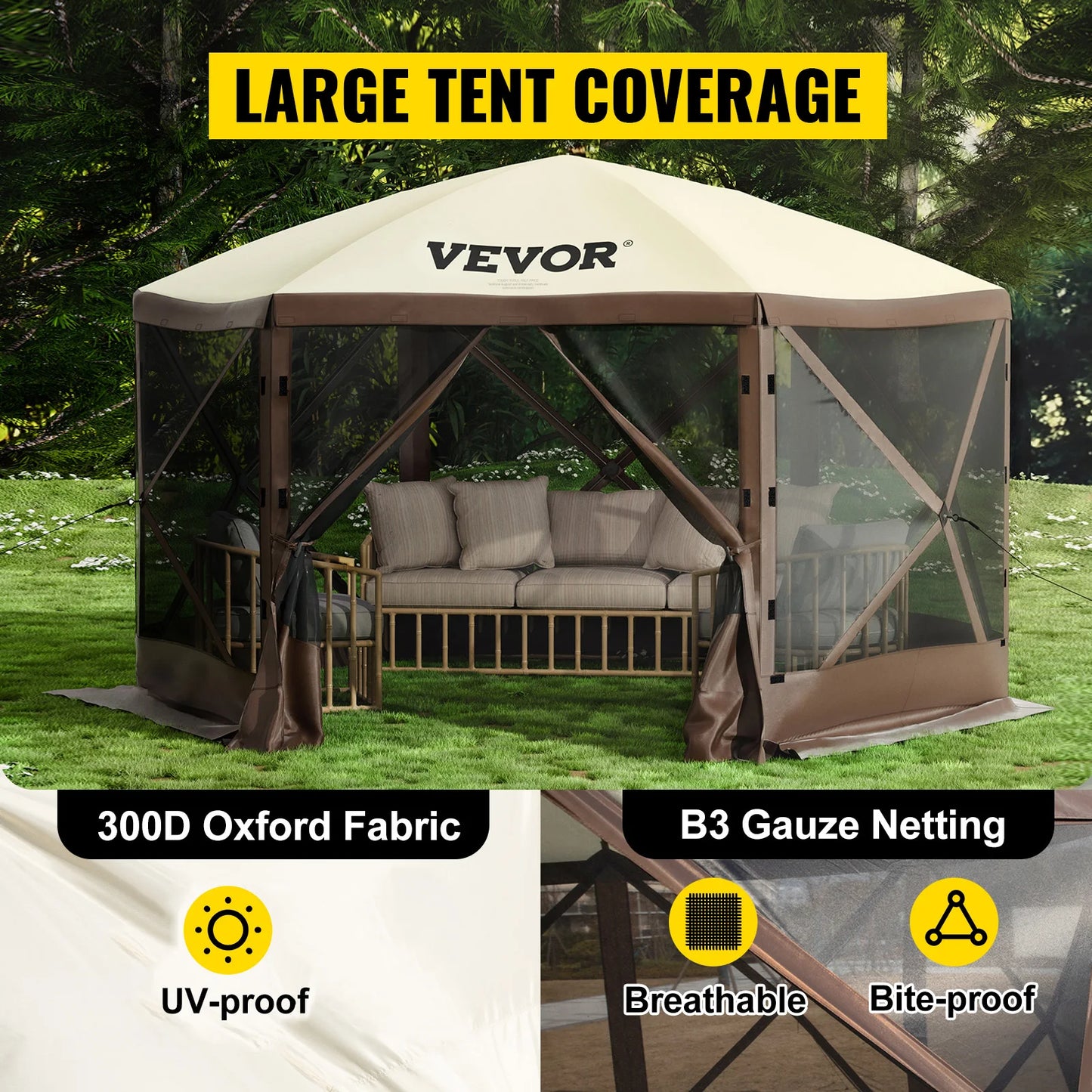 SucceBuy Pop Up Camping Gazebo Six Sided 12x12 or 10x10 Sun Shade Canopy