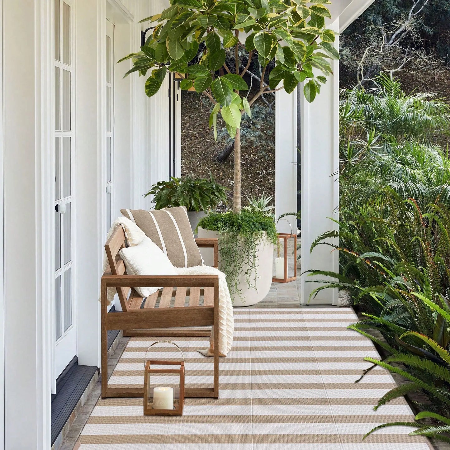 Outdoor Waterproof Patio Rug Beige Stripe Reversible 5x8 6x9 8x10 9x12