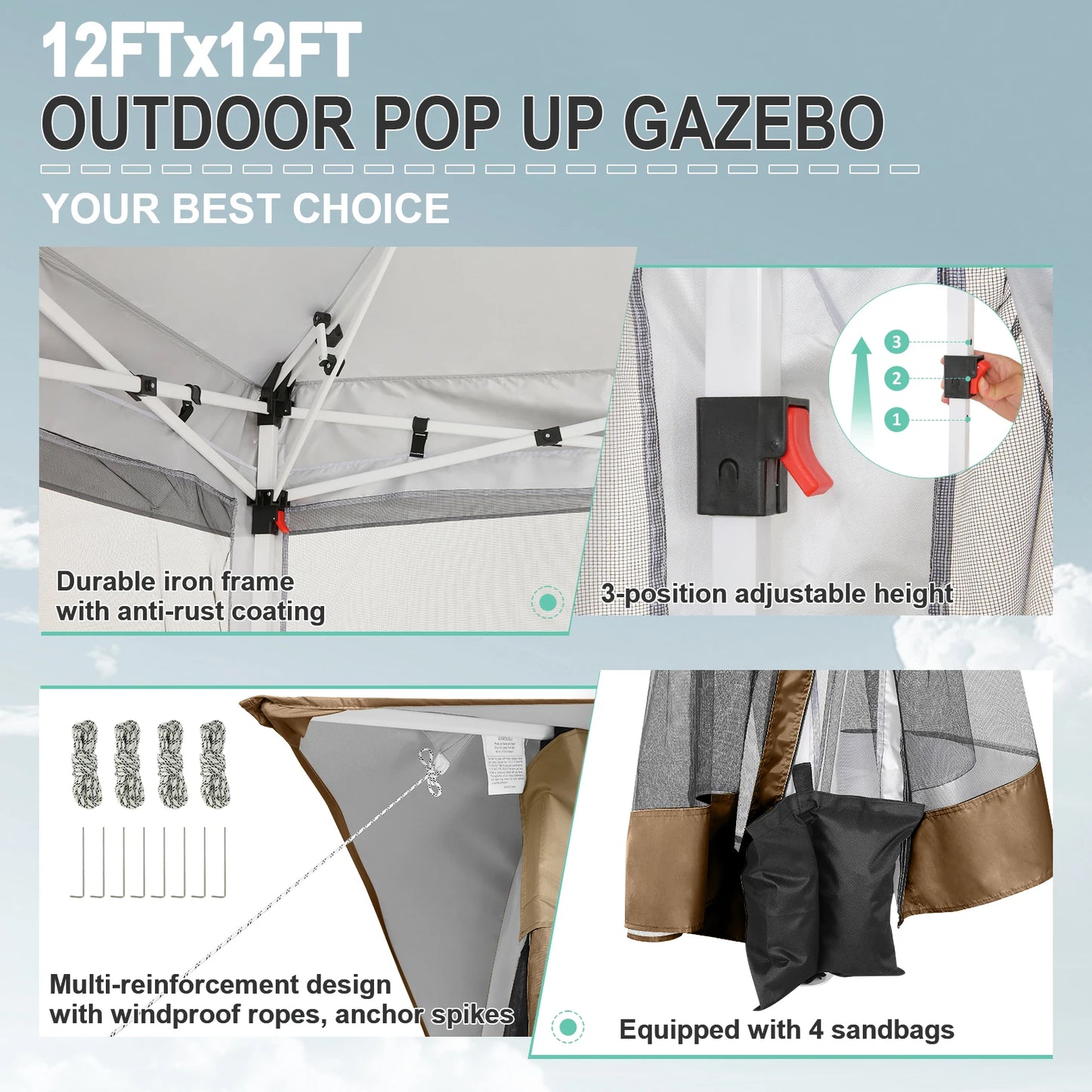 Tooluck brings you a sturdy 12x12 pop up gazebo that lets you enjoy shade, privacy, and comfort anywhere, from backyard barbecues to campsite gatherings.
