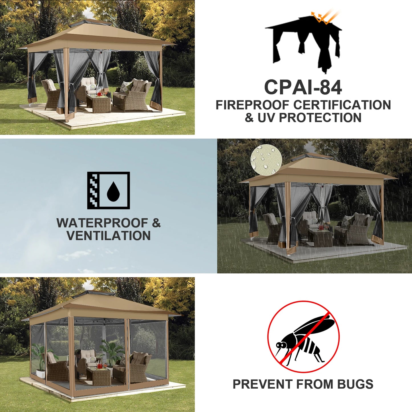 Tooluck brings you a sturdy 12x12 pop up gazebo that lets you enjoy shade, privacy, and comfort anywhere, from backyard barbecues to campsite gatherings.