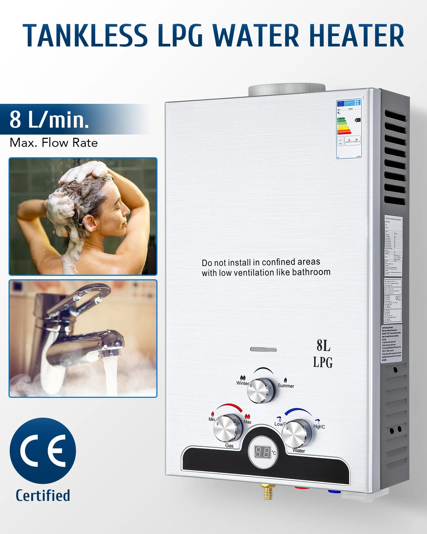 CO-Z Gas Tankless Water Heater 8L-18L Propane Instant Shower Digital Display