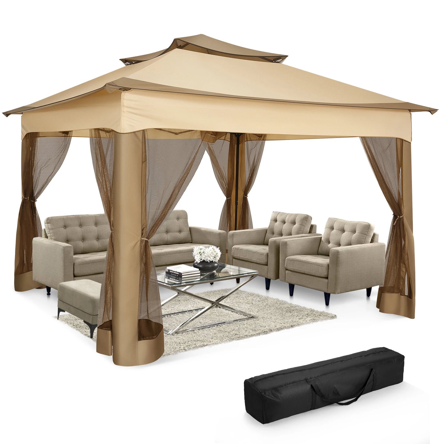 Tooluck brings you a 12x12 pop up gazebo that assembles in minutes, delivering quick shade, mosquito protection, and versatile outdoor shelter for any backyard occasion.