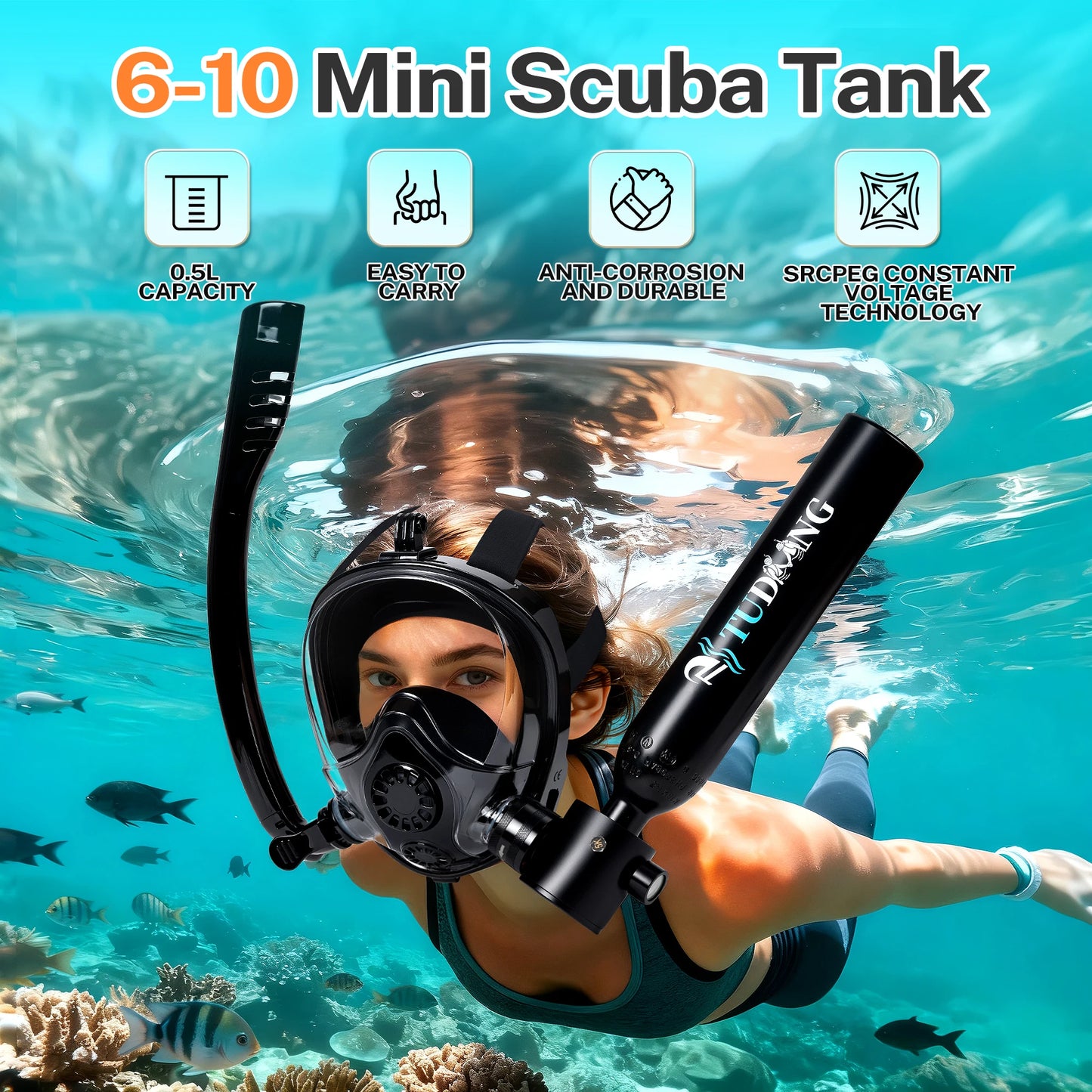 Experience compact, dependable underwater training with the TUDIVING 0.5L scuba tank kit.
