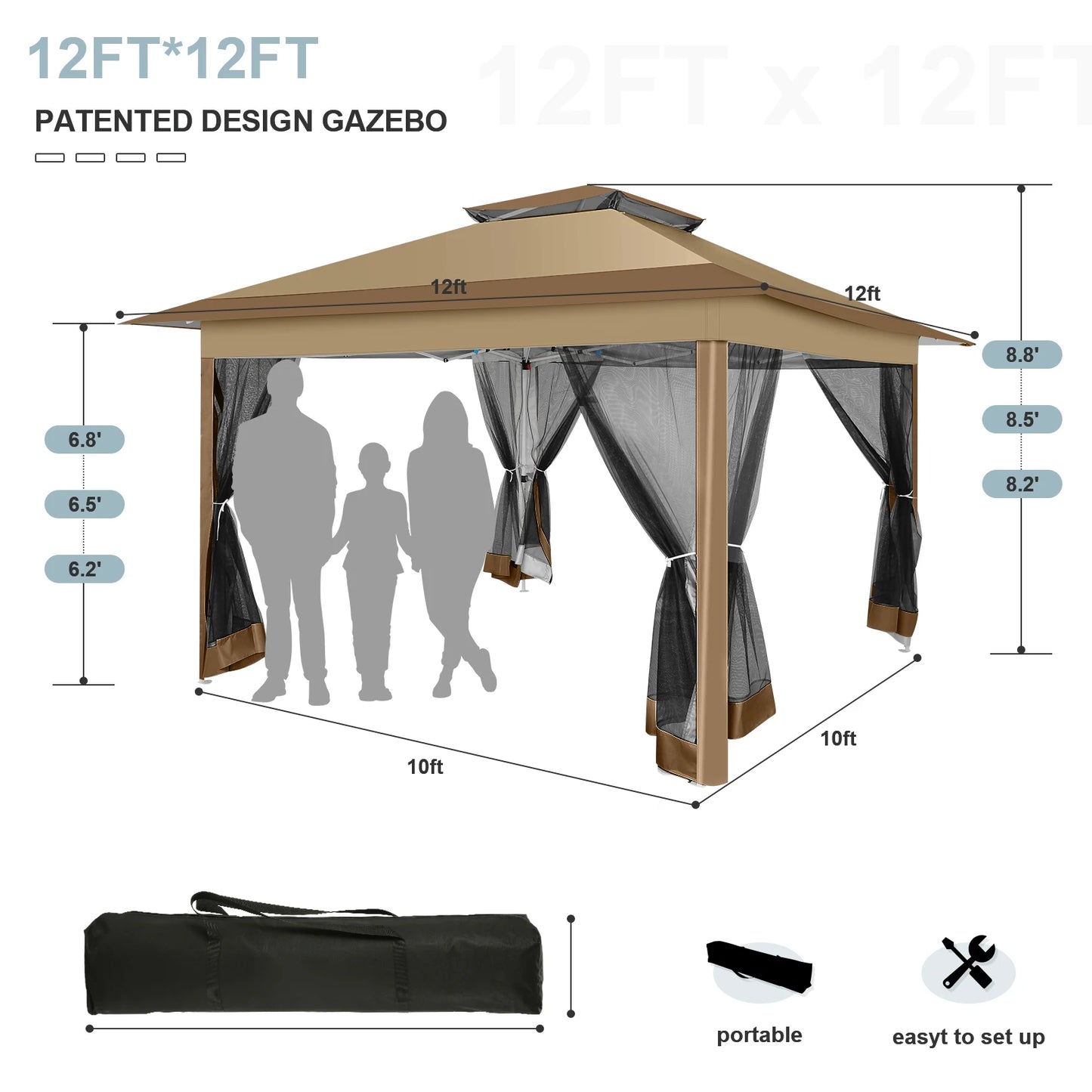 Tooluck brings you a sturdy 12x12 pop up gazebo that lets you enjoy shade, privacy, and comfort anywhere, from backyard barbecues to campsite gatherings.