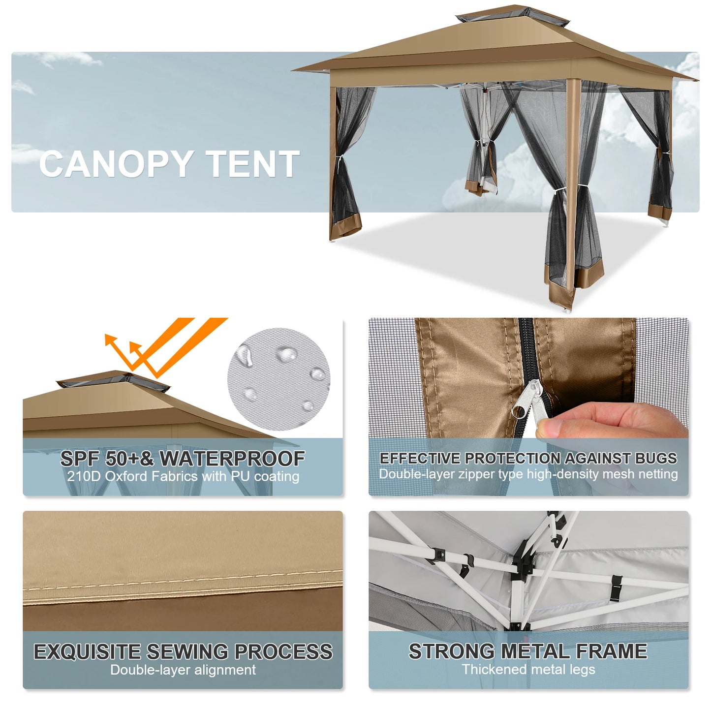 Tooluck brings you a sturdy 12x12 pop up gazebo that lets you enjoy shade, privacy, and comfort anywhere, from backyard barbecues to campsite gatherings.