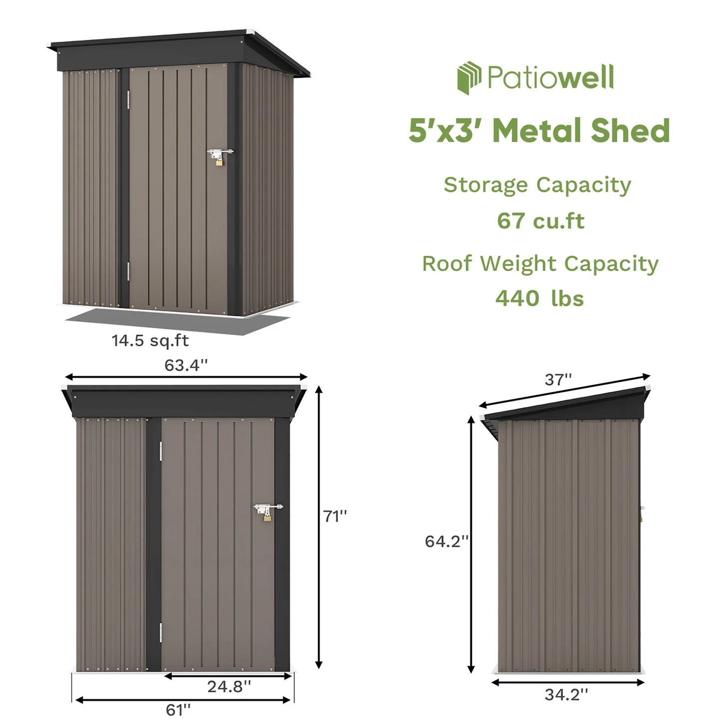 Victone Patiowell 5x3 Ft Outdoor Storage Shed With Lockable Door