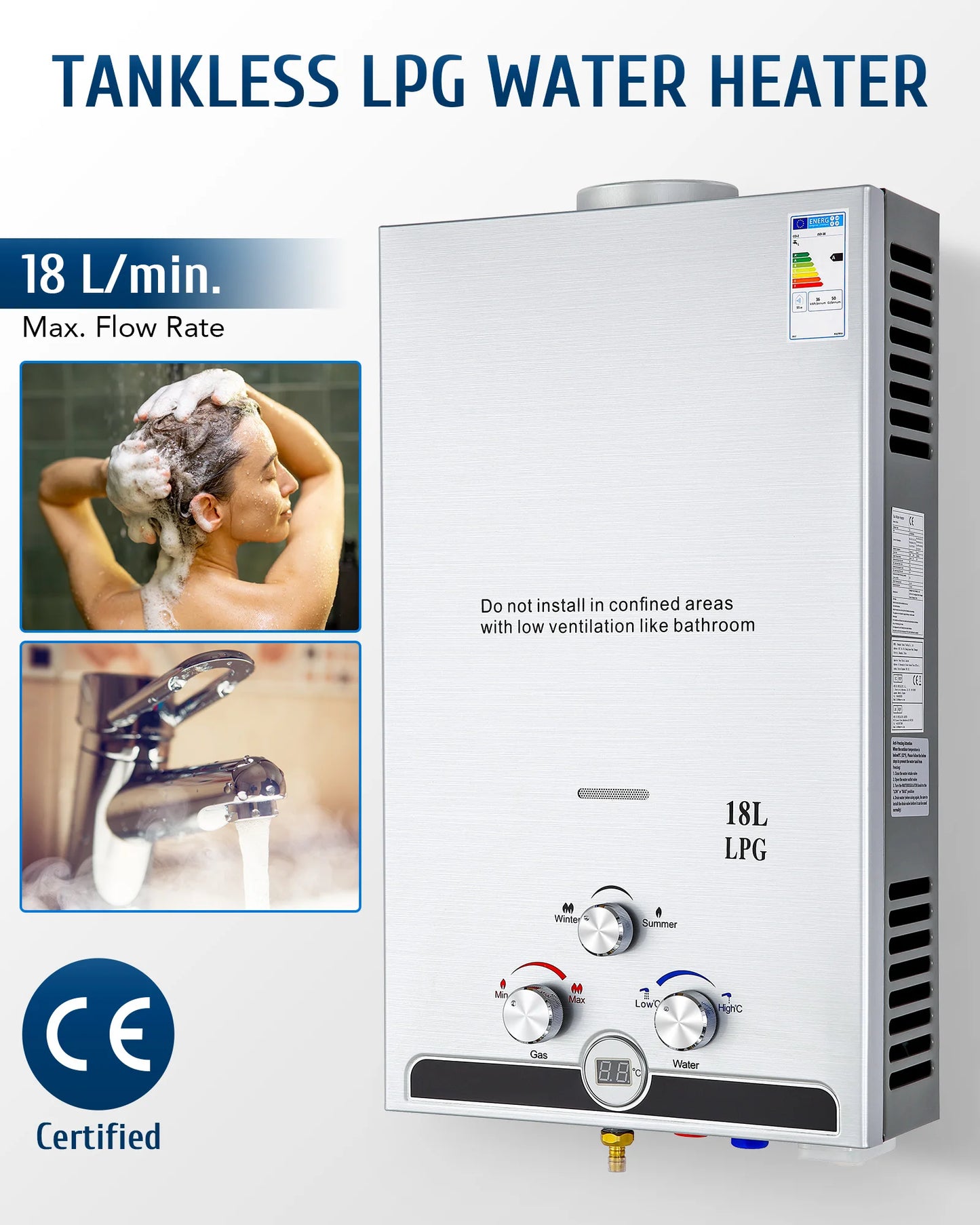 CO-Z Gas Tankless Water Heater 8L-18L Propane Instant Shower Digital Display