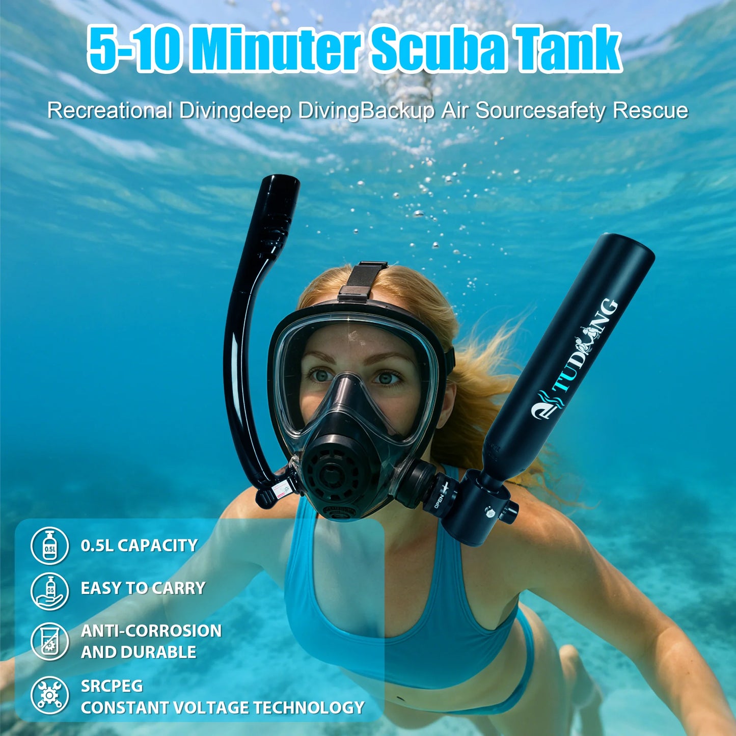 TUDIVING 0.5L Mini Scuba Tank With Diving Mask For Underwater Breathing Training