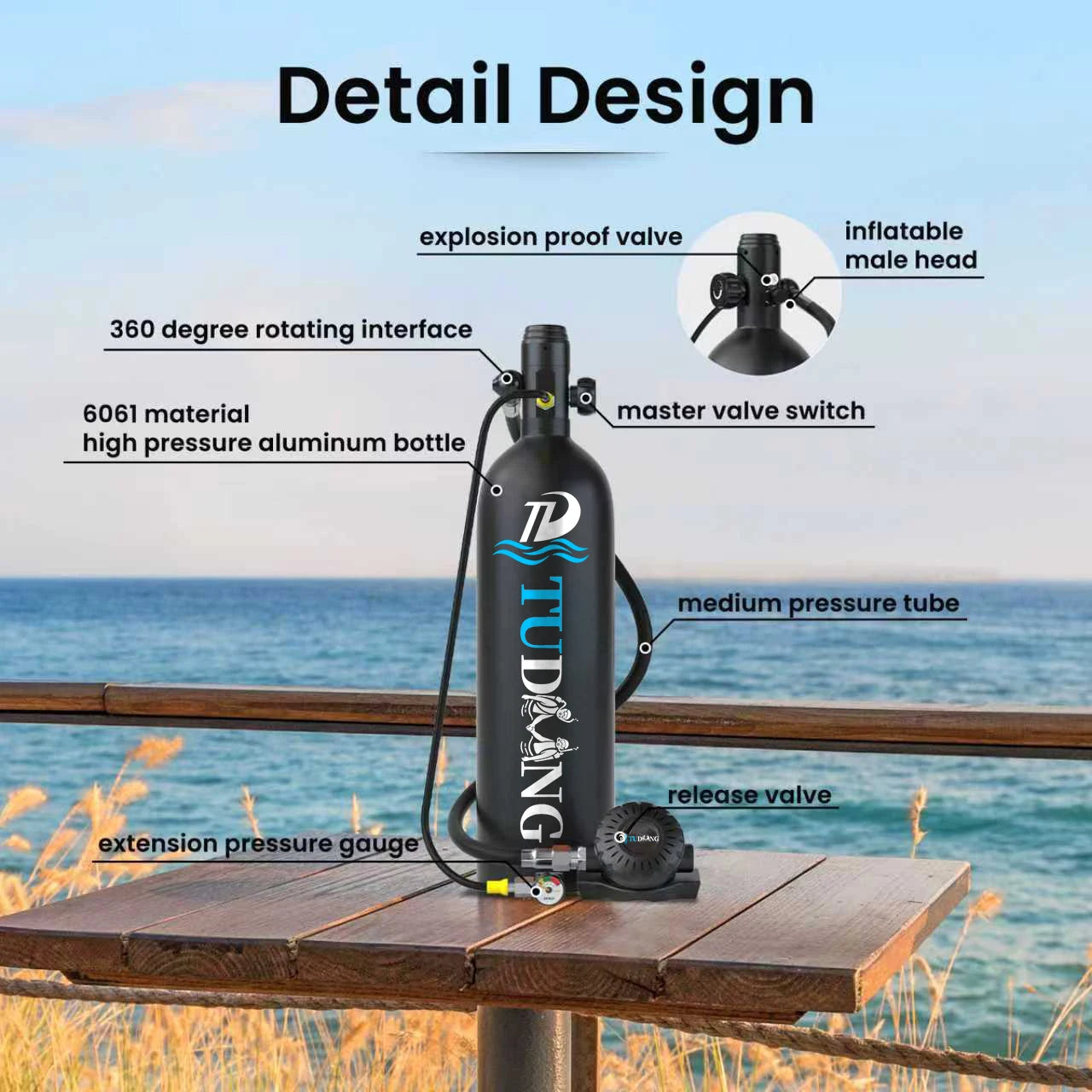 Tudiving 2L Portable Scuba Tank Support for Underwater Work 30 to 45 Minutes