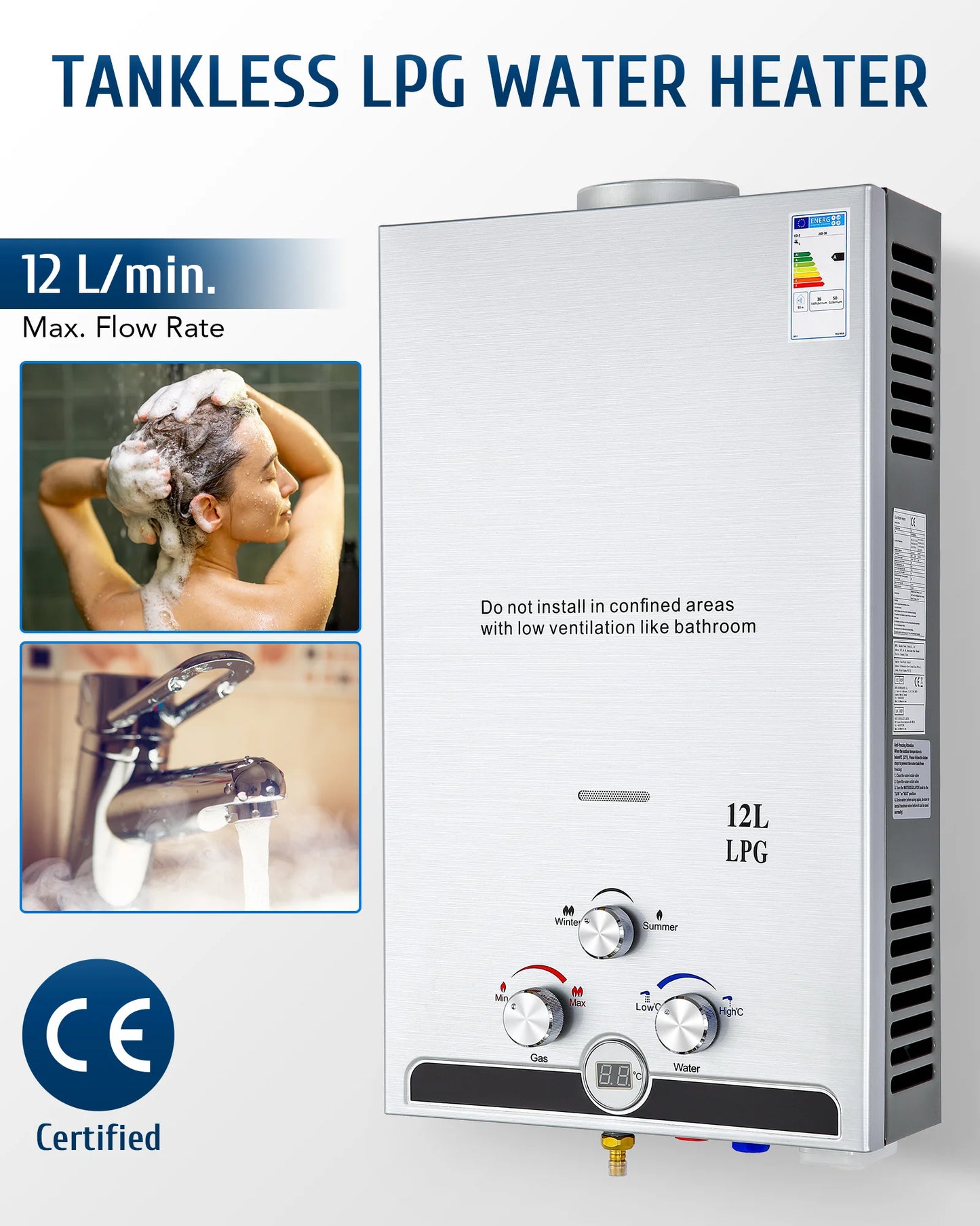 CO-Z Gas Tankless Water Heater 8L-18L Propane Instant Shower Digital Display