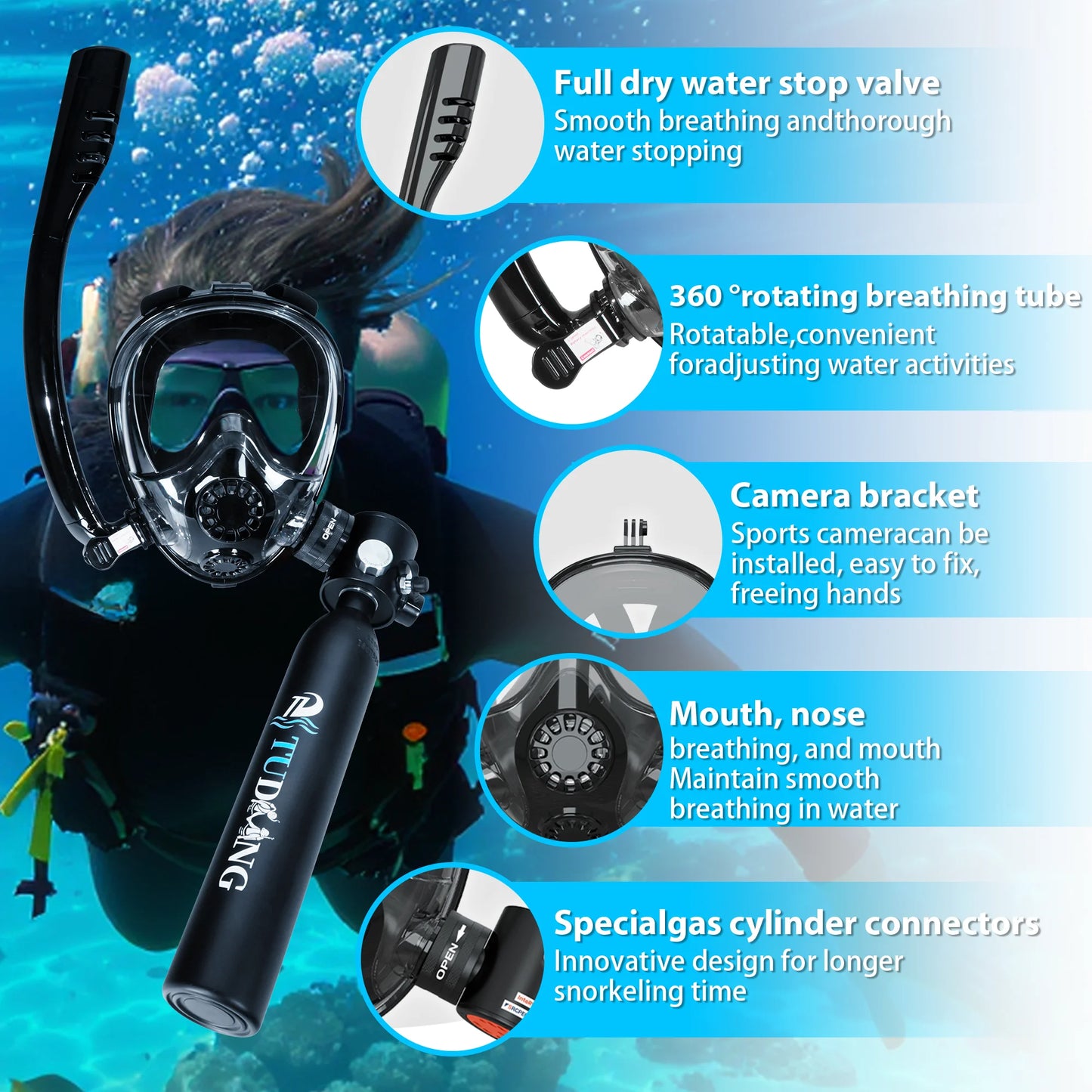 TUDIVING 0.5L Mini Scuba Tank With Diving Mask For Underwater Breathing Training