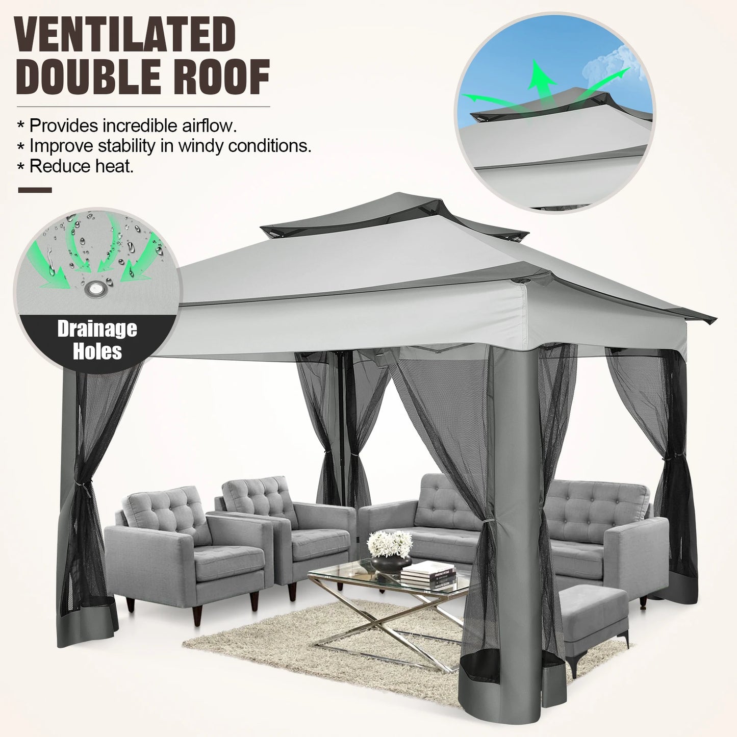 Tooluck brings you a 12x12 pop up gazebo that assembles in minutes, delivering quick shade, mosquito protection, and versatile outdoor shelter for any backyard occasion.