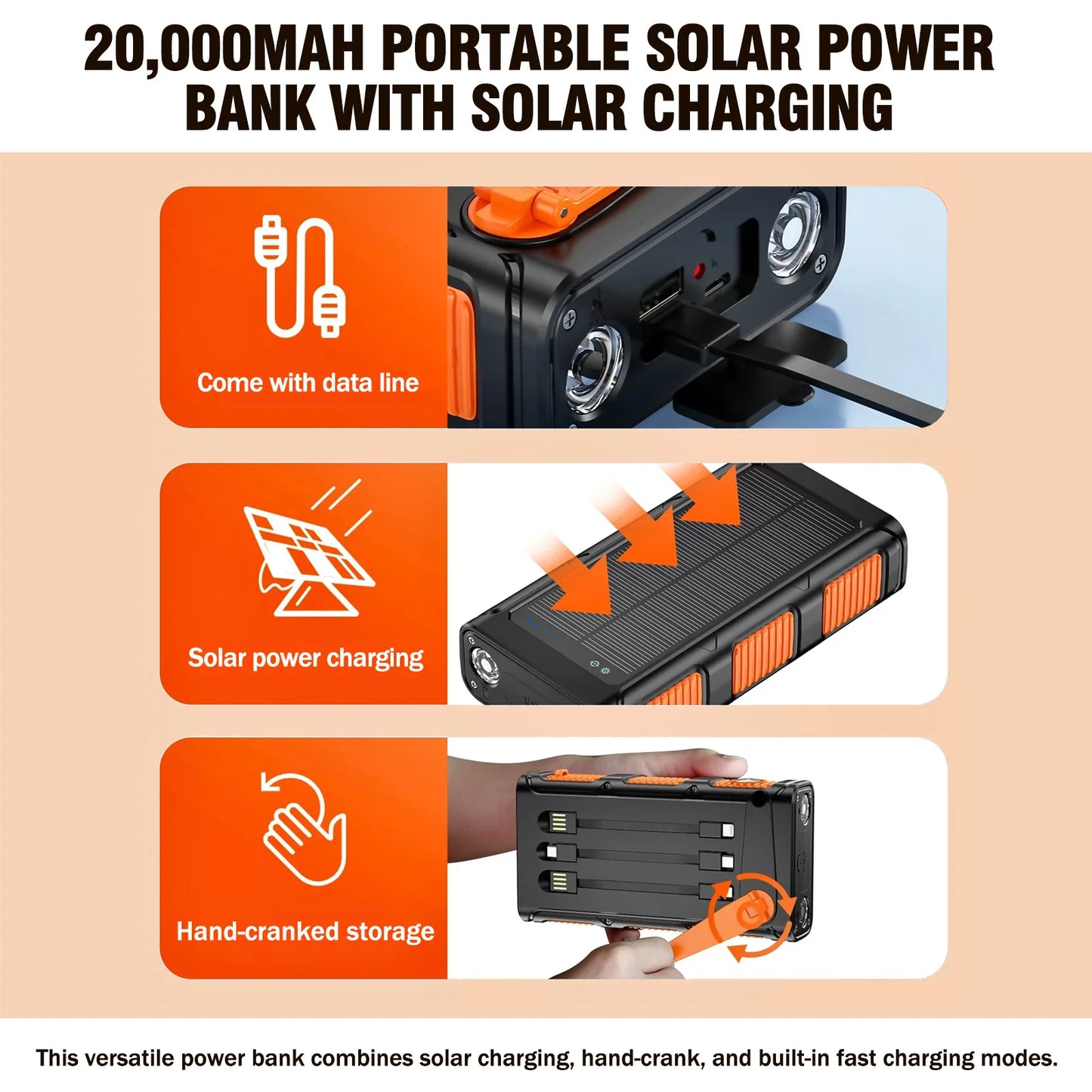 Power your adventures anywhere with this versatile solar power bank that combines portable charging, a hand crank, bright dual LED work lights, and rugged outdoor durability in remote locations.