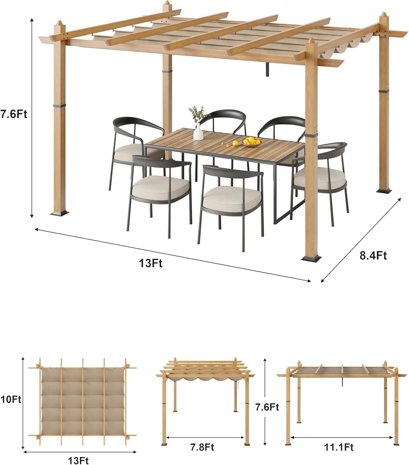 HiMISS 10x10Ft 10x13Ft Outdoor Pergola With Retractable Canopy
