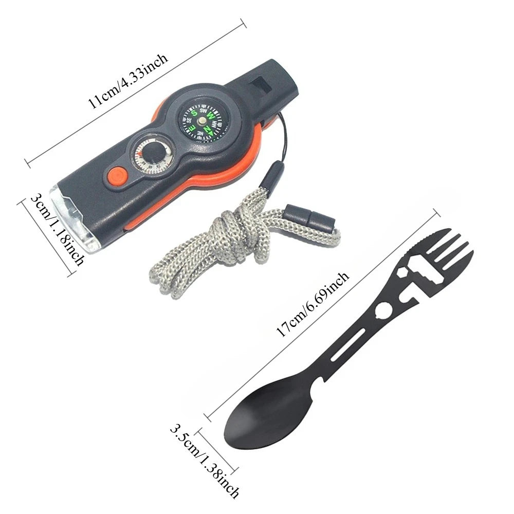 Seven In One Whistle Compass Tool For Camping With Knife And Bottle Opener
