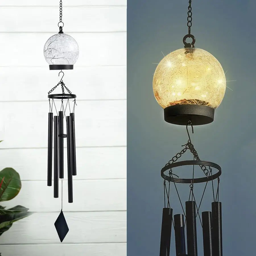Outdoor Solar Wind Chimes With Crackled Glass Ball And Warm White LEDs