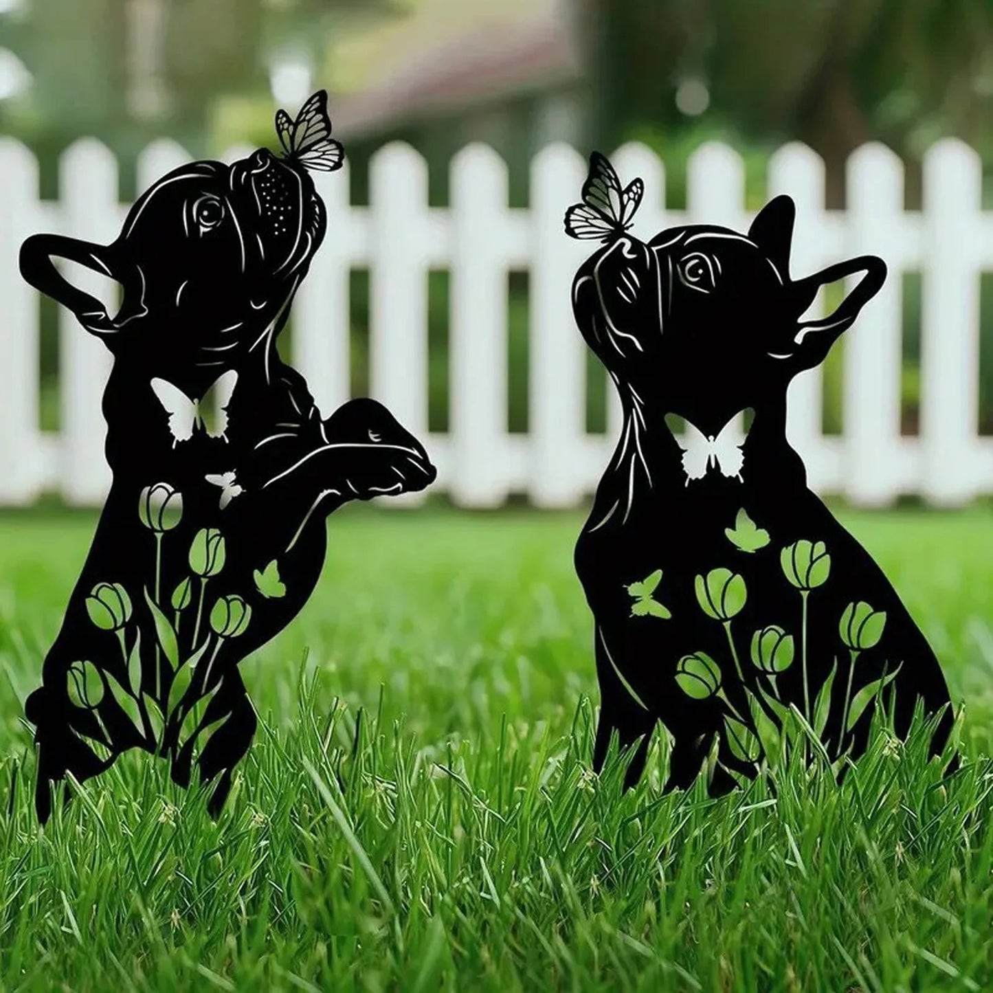 Add whimsical charm to your garden with these rustic metal stakes featuring butterfly and dog silhouettes, designed for year‑round outdoor display and easy arrangement.