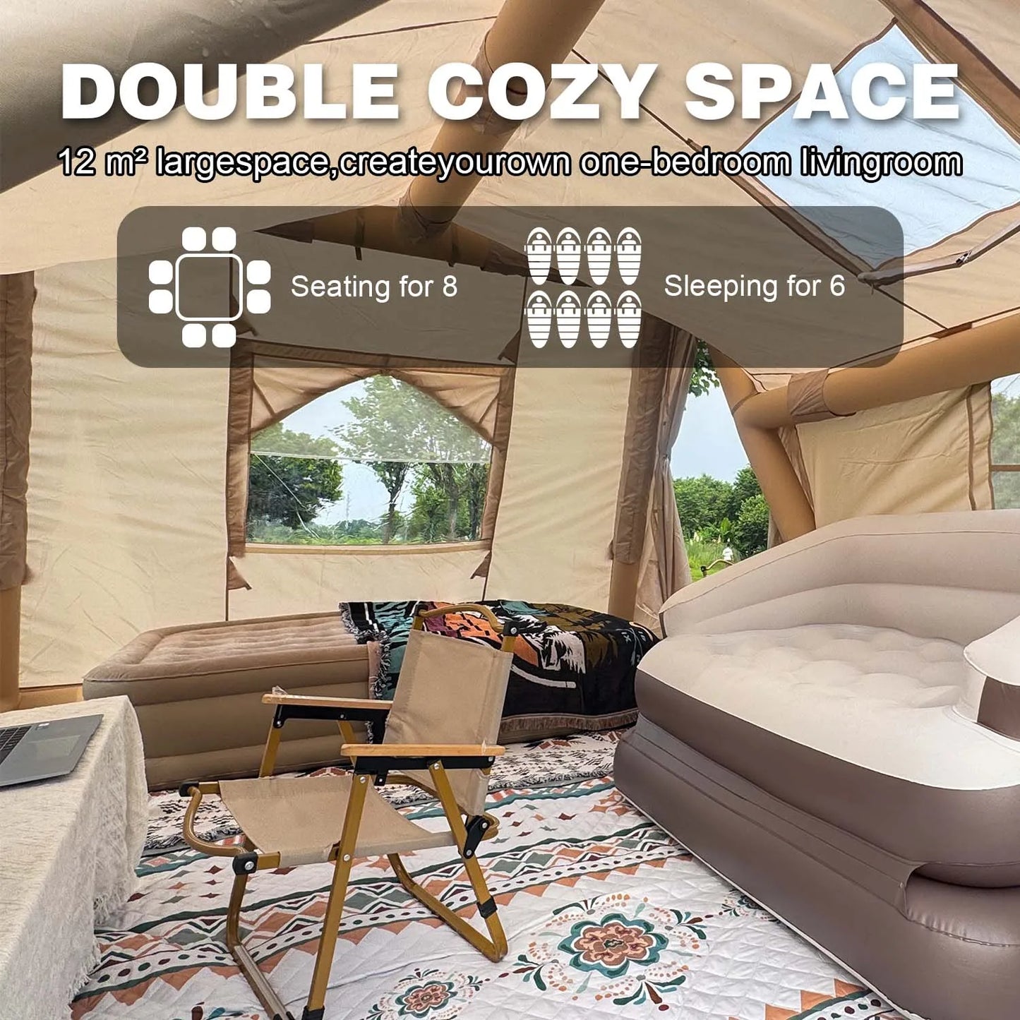 Imagine your family camping in a spacious inflatable tent that sets up in minutes and keeps you comfortable in any season.