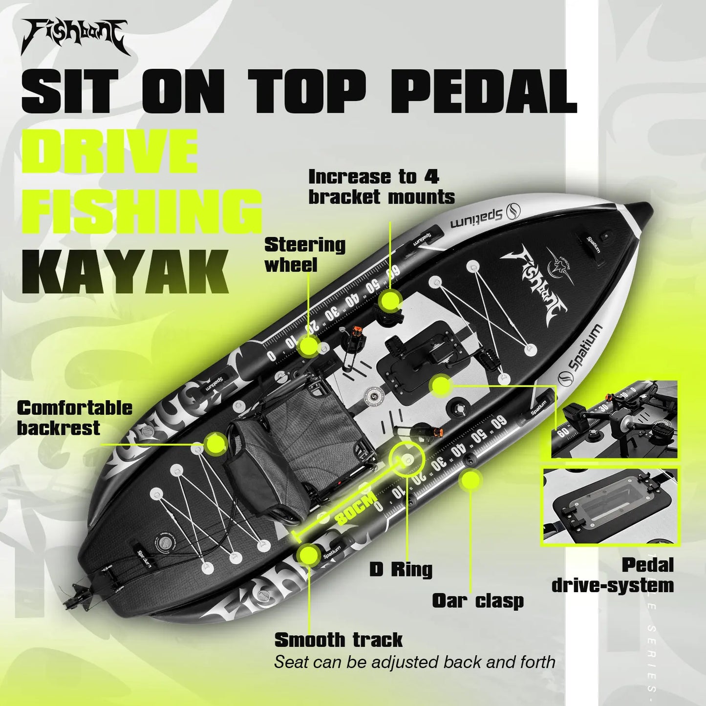 Experience hands free propulsion with Spatium's pedal drive kayak, designed to power your day on the water.
