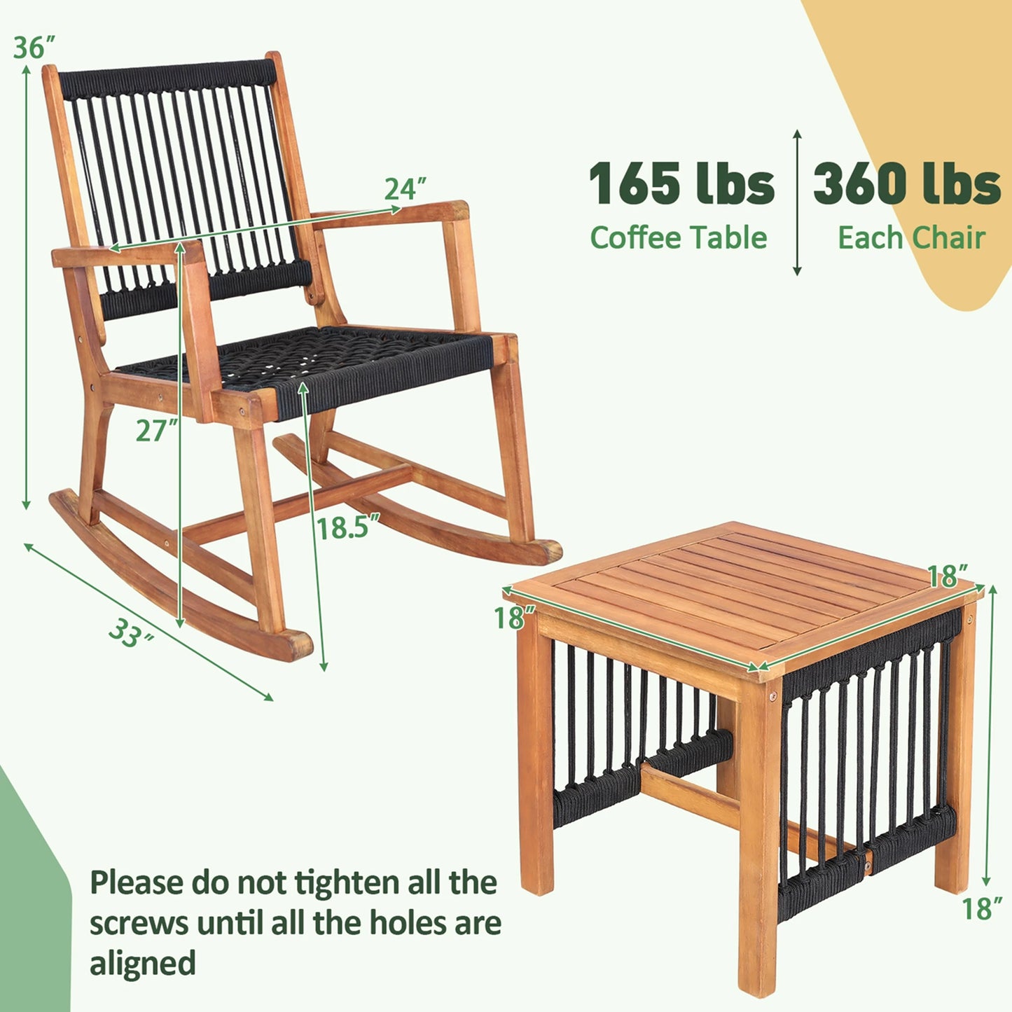 HOMASIS 3 Piece Acacia Wood Patio Bistro Table Rocking Chair Set Outdoor