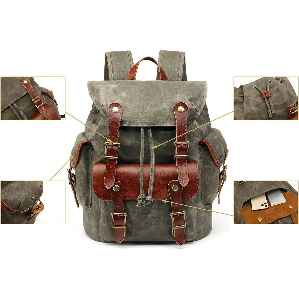 Vintage Canvas Backpack With Leather Accents Military Inspired Army Green