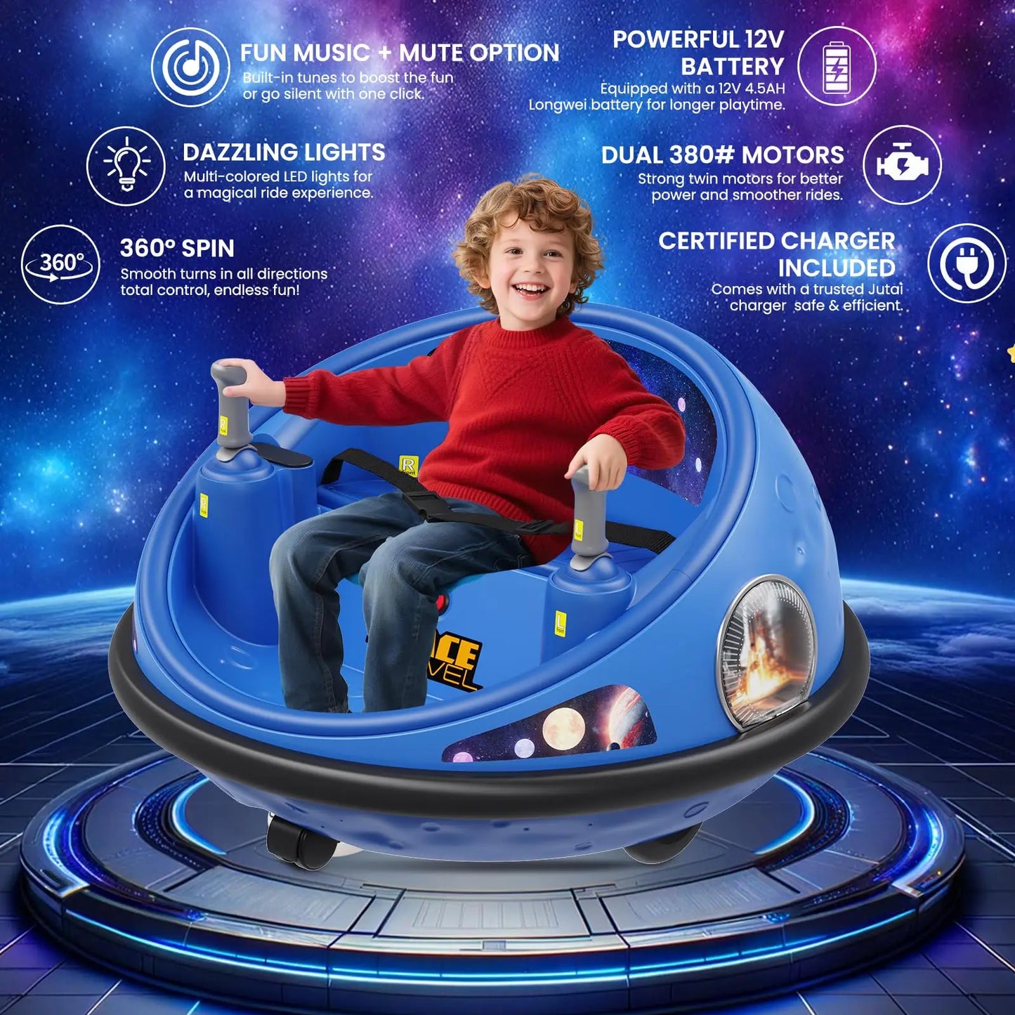 Spin into endless fun with this versatile 360 degree spinning kids electric bumper car that delivers safe, exhilarating play for indoors or outdoors, featuring easy to use controls for you, bright LED lights, and fuss free charging for hours of smiles.