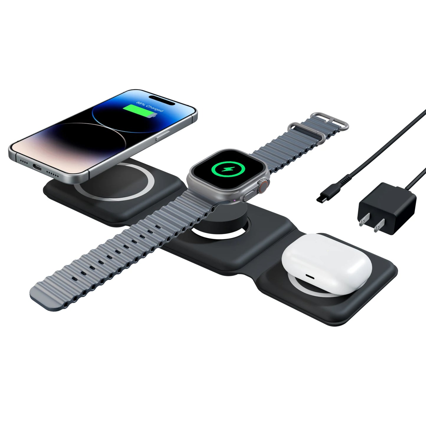 Meet a magnetic 3in1 wireless charger that keeps your devices powered on the go with space-saving design, fast performance, and versatile charging for iPhone, AirPods, and Apple Watch.