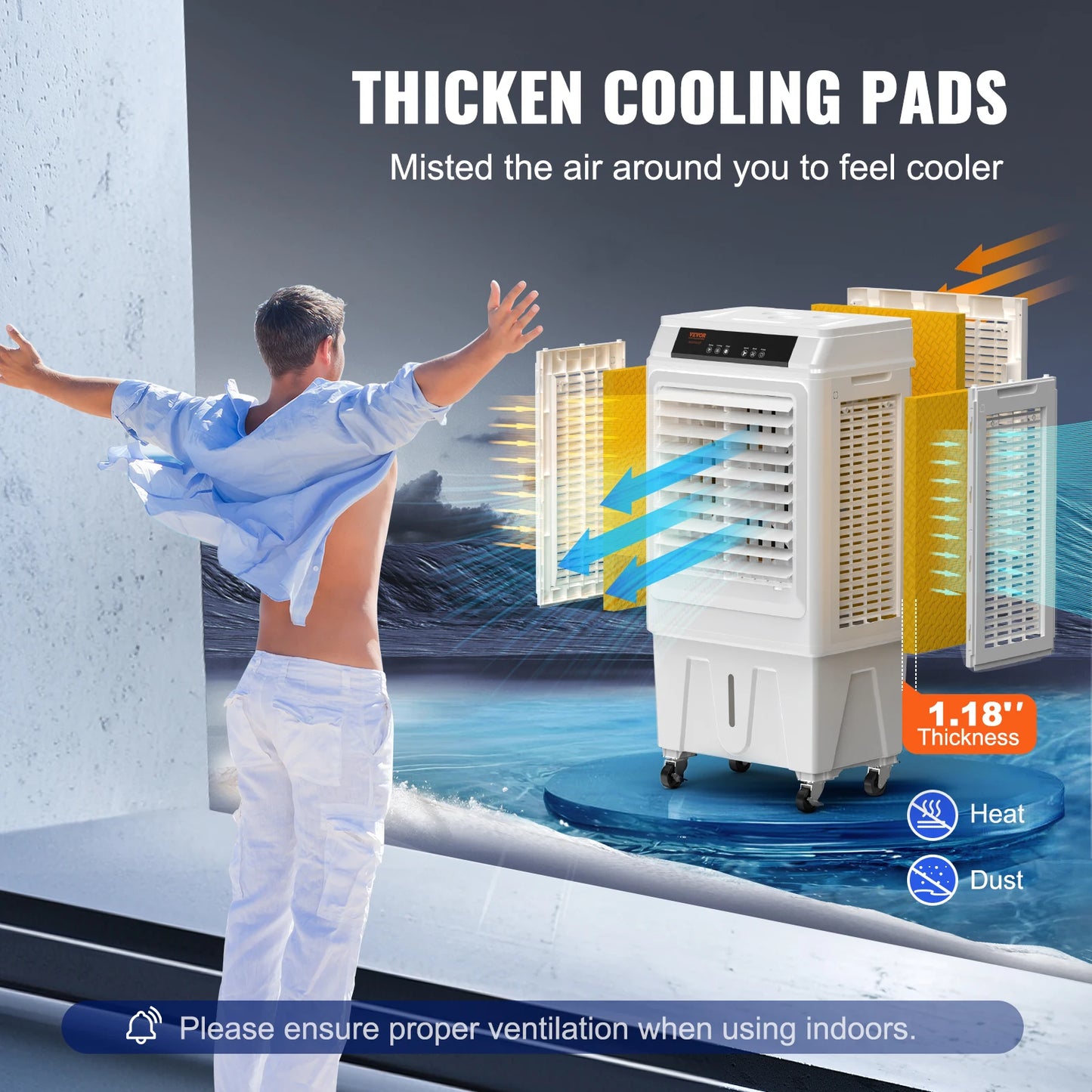 Experience refreshing comfort anywhere with the VEVOR evaporative air cooler, a portable swamp cooler designed for your indoor and outdoor use.
