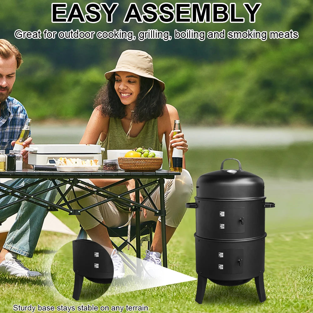 Vertical Charcoal Smoker With Built In Thermometer And Two Access Doors