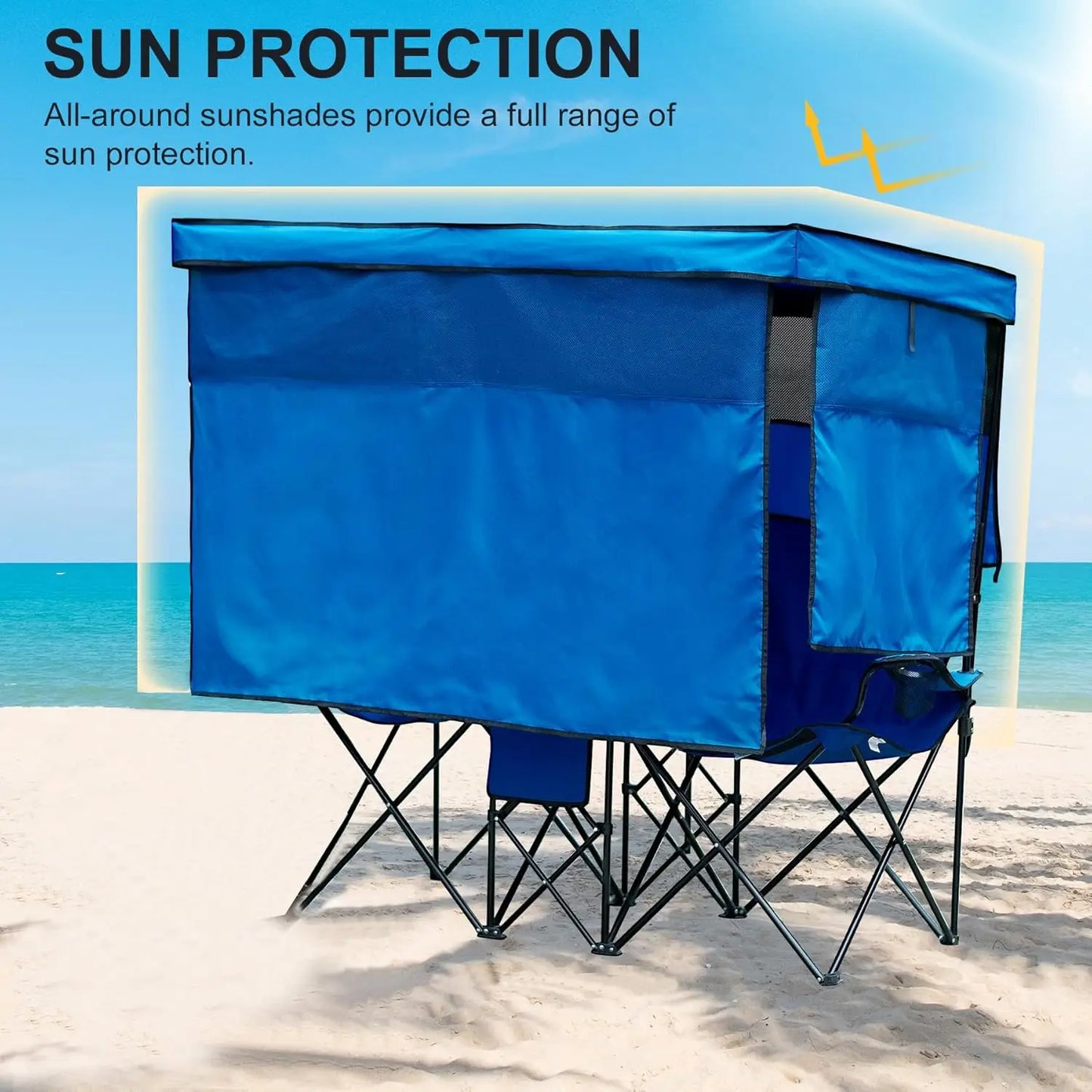 Double Beach Chair With Canopy Shade Cup Holder Heavy Duty Folding Lounge Chair