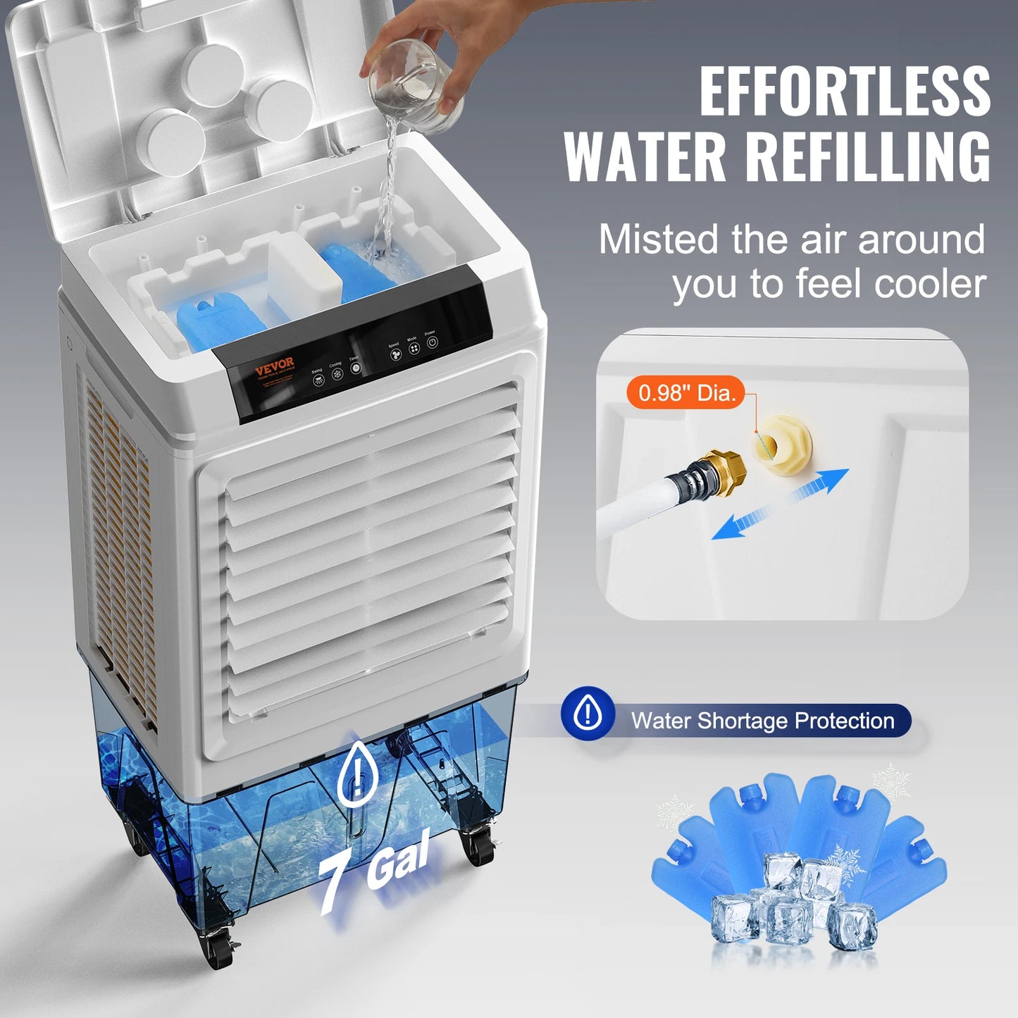 Experience refreshing comfort anywhere with the VEVOR evaporative air cooler, a portable swamp cooler designed for your indoor and outdoor use.