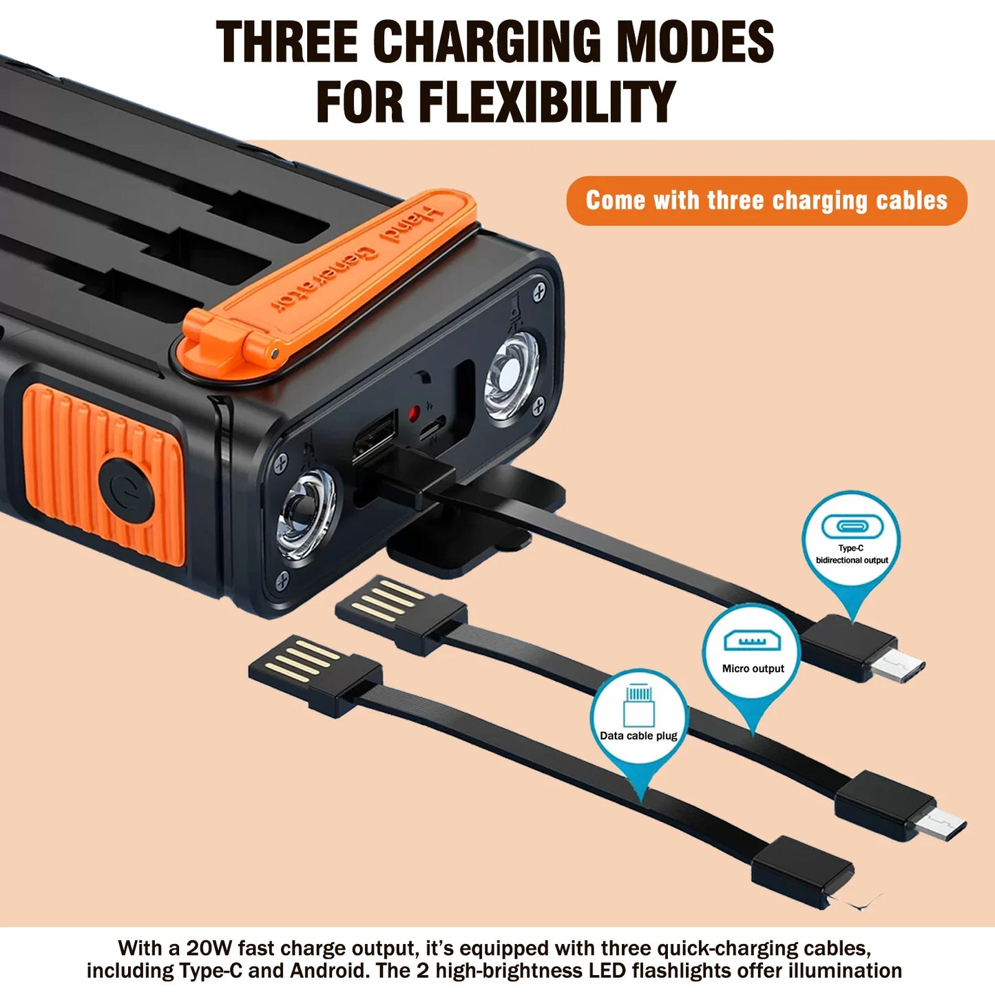 Power your adventures anywhere with this versatile solar power bank that combines portable charging, a hand crank, bright dual LED work lights, and rugged outdoor durability in remote locations.