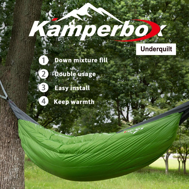 Kamperbox brings you a versatile down quilt underquilt that keeps you warm, comfortable, and ready for any night under the stars, from damp forests to cool alpine camps, on solo trips or shared adventures.