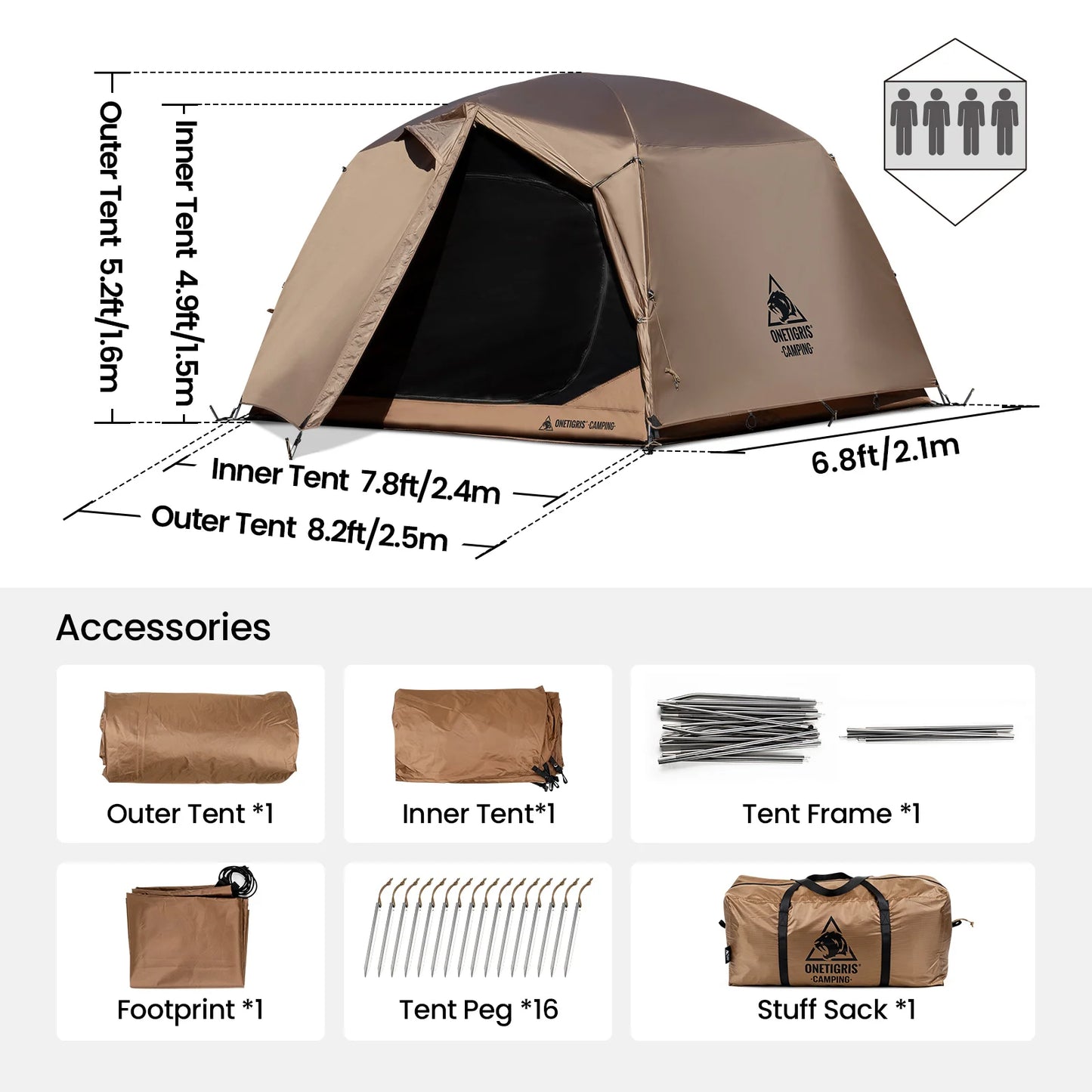 OneTigris Jovian Camping Tent 4 Person Dome Shelter Waterproof Floor