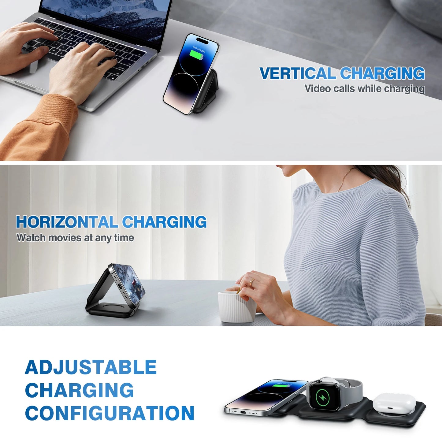 Meet a magnetic 3in1 wireless charger that keeps your devices powered on the go with space-saving design, fast performance, and versatile charging for iPhone, AirPods, and Apple Watch.