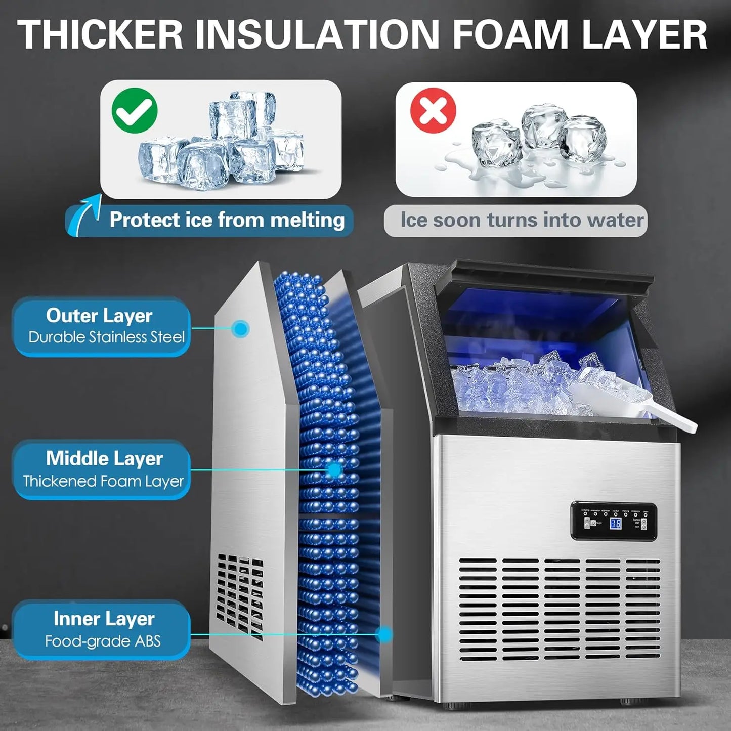 Zomagas 110 Lbs Per 24H Stainless Steel Ice Maker With Dual Water Inlets