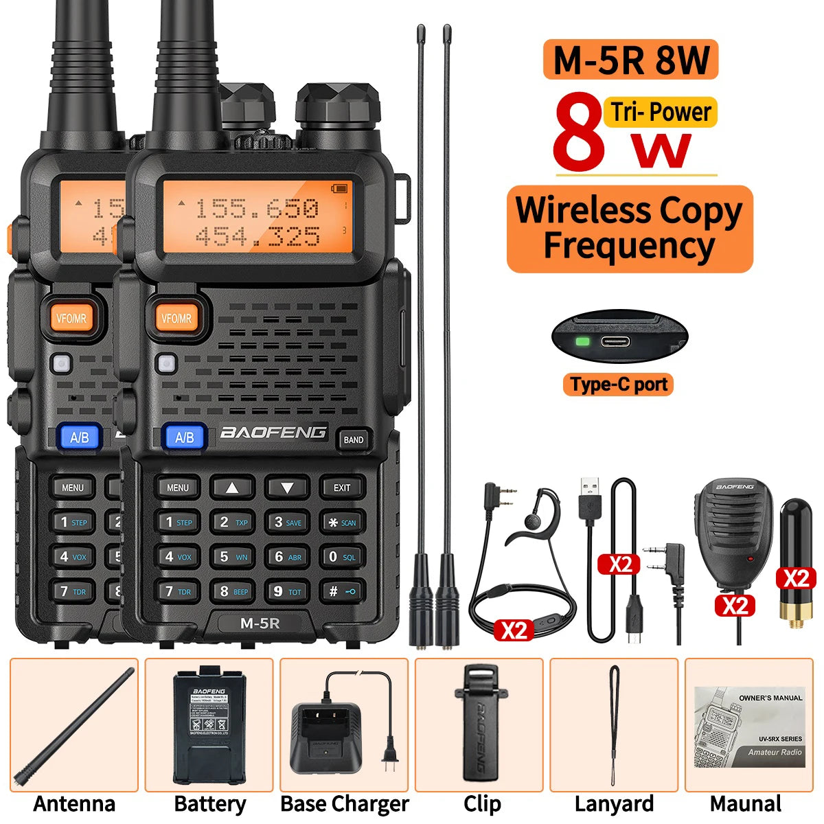 Baofeng M-5R 8W Multi-Band Walkie Talkie Type-C Long Range For UV-5R