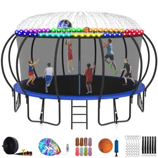 XMSJ 1500 Lb Trampoline 8 To 16 Ft No Gap Safe Enclosure Basketball Hoop