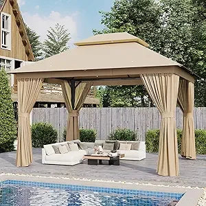 XMSJ Outdoor Gazebo 10x12 Patio Canopy With Double Roofs Mosquito Net