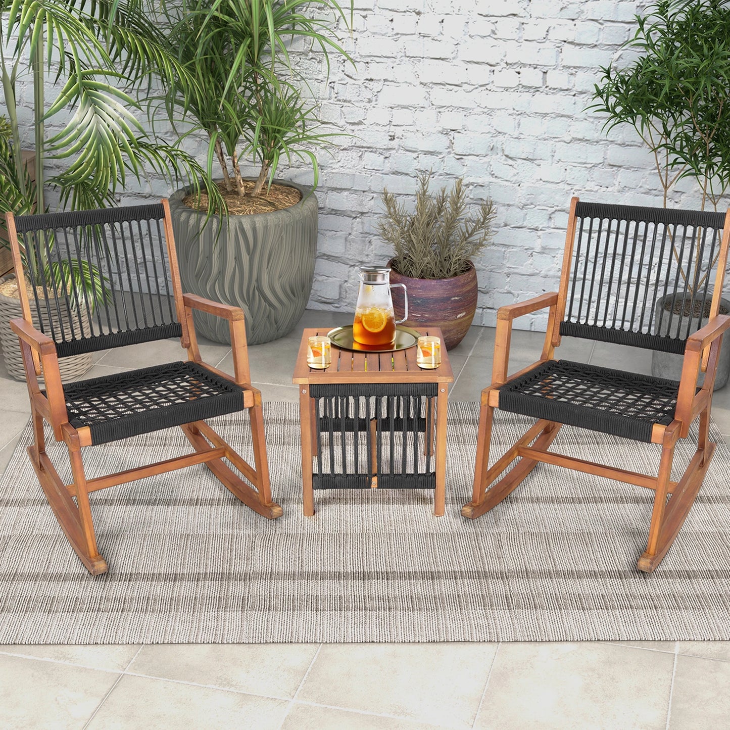 HOMASIS 3 Piece Acacia Wood Patio Bistro Table Rocking Chair Set Outdoor